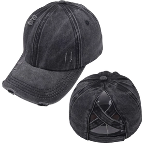 Detail of washed cotton baseball cap with criss-cross elastic ponytail hole design