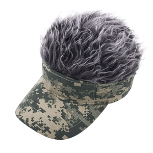 Macro detail of camouflage visor hat with curly grey synthetic hair topper