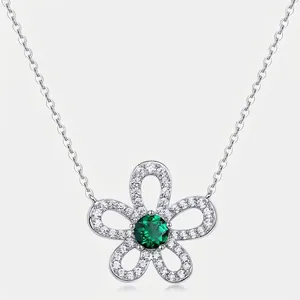 S925 Sterling Silver Flower Pendant Necklace Lab-Grown Emerald Ruby Inlaid Rhinestone Retro Light Luxury Clavicle Chain Jewelry For Women