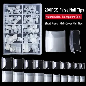 French Short Half Cover False Nails Square Head Transparent Natural Fake Nail Tips With Storage Box For Women Beauty