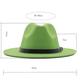 Green wool fedora hat size details showing brim width and head circumference