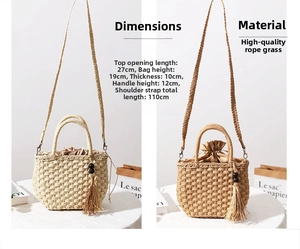 Detail of two-tone woven straw bag with wooden beads tassel and drawstring liner