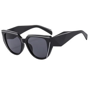 Fashion square oversized sunglasses with black geometric frame and silver line accents