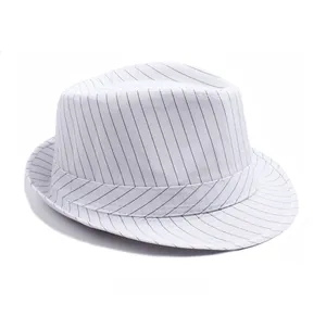 Side view detail of white fedora hat with black fine stripes and structured crown