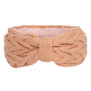 Detail of apricot knitted headband showing soft fleece lining and bow design