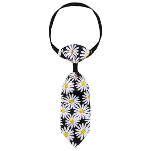 Detail view of black adjustable pet bow tie with white daisy floral print patterns