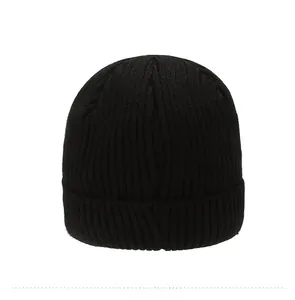 Rear view of thick black ribbed knit beanie showing textured warm winter fabric detail
