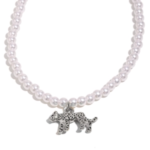 Elegant 18K gold-plated tiger pendant with pearl necklace for women on white background