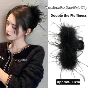 Detail shot of a 11cm black ostrich feather hair claw clip for elegant styling
