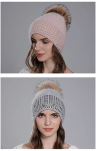 Detailed knit texture and fluffy fur pom-poms on warm winter beanies for women