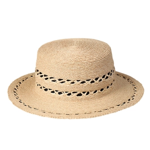 Women's summer hollow straw boater hat with flat brim for outdoor beach travel