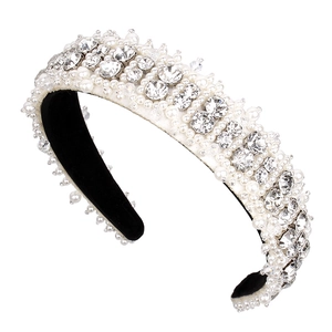 Elegant wide headband with white pearls and sparkling silver rhinestones on black velvet