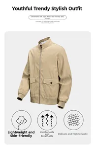 Detail der leichten khakifarbenen Jacke mit Stehkragen, Reißverschluss und Pattentaschen