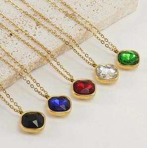 Close-up of square zircon pendants in five colors on 18K gold stainless steel necklaces