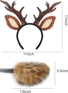 Detailed dimensions of plush brown reindeer headband and tail set for costume cosplay