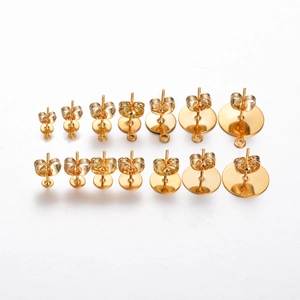 Golden stainless steel flat pad earring posts and butterfly backs in multiple sizes