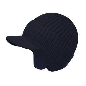 Detail of dark blue ribbed knit winter hat featuring a warm visor and ear flaps