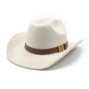 Classic cream faux suede western cowboy hat with brown band and golden tube accents
