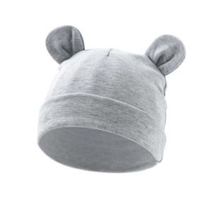 Detailed close-up of grey infant knit hat featuring soft cotton Mickey mouse ear design