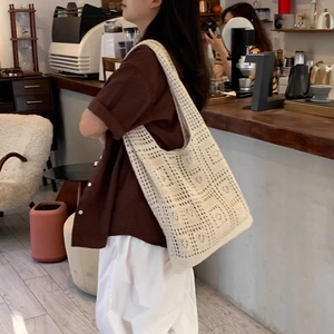 Chic hollow out crochet shoulder bag in cream white for women's casual beach commute