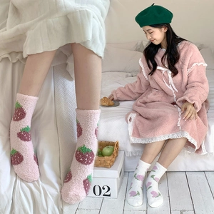 Cozy coral fleece mid-calf socks for women featuring strawberry and floral cartoon patterns