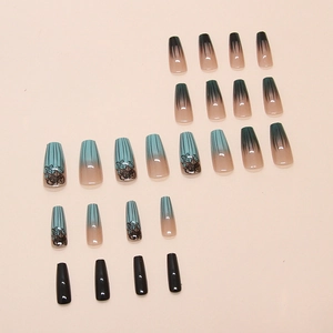Dark green and black gradient press-on nails with rose floral patterns, 24 pieces set