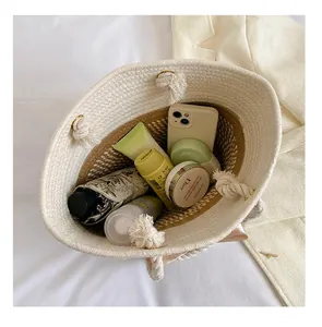 Beige cotton rope woven tote bag with large capacity showing storage for summer essentials