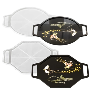 Oval and octagonal silicone tray molds with handles and decorative resin finished products