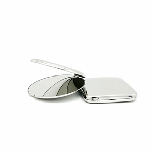 Portable stainless steel folding vanity mirror with round glass and square metal cover