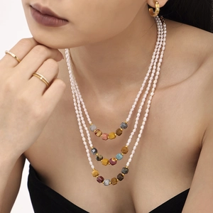 Multi-layer freshwater pearl necklace with colorful natural stones and gold spacer beads