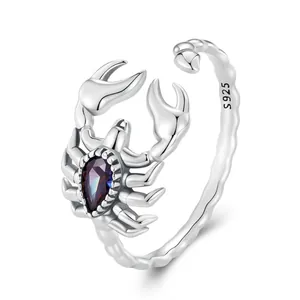 925 Sterling Silver Scorpion Open Ring Vintage Dark Gothic Adjustable Zirconia Insect Finger Ring For Men Women Jewelry
