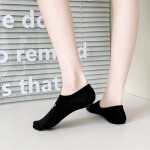 Detail of black low-cut invisible socks showing perfect heel fit on model's feet