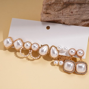 Vintage Geometric Imitation Artificial Pearl Drop Stud Earrings Alloy Rhinestone Elegant Jewelry With Steel Earring Post