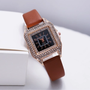 Elegant square women's quartz watch with crystal-encrusted rose gold case and brown leather strap