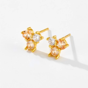 S925 sterling silver stud earrings with champagne and white zircon stones in gold plating