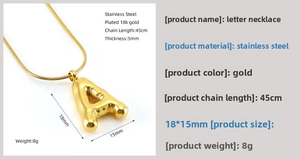 Detail showing dimension and specs of a bubble letter A gold stainless steel pendant necklace