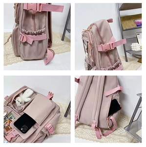 Detailed views of a pink school backpack featuring transparent pockets and anti-theft back pocket