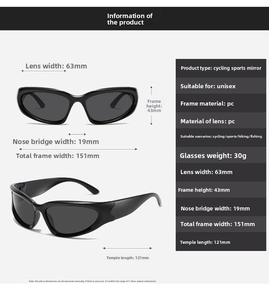 Detailed dimension chart showing frame width and temple length for futuristic punk sunglasses