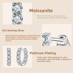 Macro detail of S925 sterling silver hoop earrings with shimmering moissanite stones