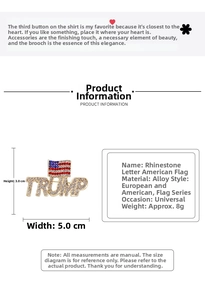Detail view of Trump American flag brooch with rhinestones showing dimensions 5.0cm by 3.0cm