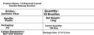 Specifications table for 10pcs makeup brushes with fiber bristles and PU packaging info