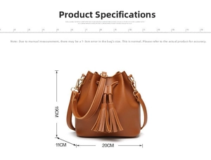 Brown vintage PU bucket bag with tassel detail and dimensions 20cm x 11cm x 19cm