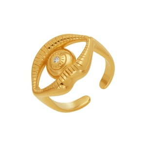 Golden Horus Eye stainless steel open ring with sparkling zircon and polished finish