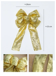 Macro detail of gold glitter fabric texture and wire-edged bow for Christmas tree