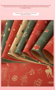 Detail of Christmas kraft wrapping paper featuring festive reindeer and snowflake patterns