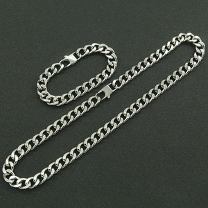 Polished silver stainless steel Cuban link necklace and bracelet set for men and women