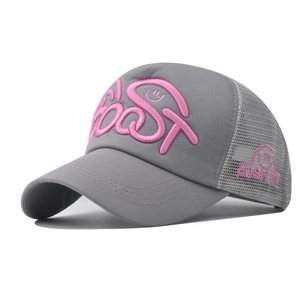 Close-up of pink 3D boost embroidery and smile logo on grey mesh trucker cap
