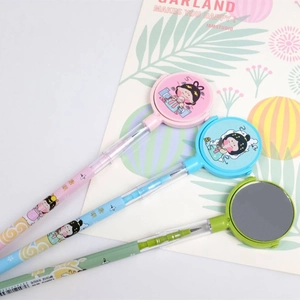 Detail of creative cartoon pencils featuring small flip mirrors and ancient style illustrations
