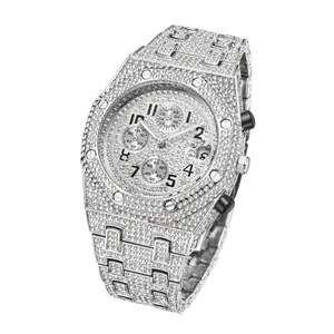 Men Chronograph Quartz Watch Full Rhinestone Iced Out Hip Hop Fashion Sporty Waterproof Wristwatch With Date Display