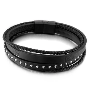 Men's multilayer black braided leather bracelet with matte metal plate and magnetic clasp